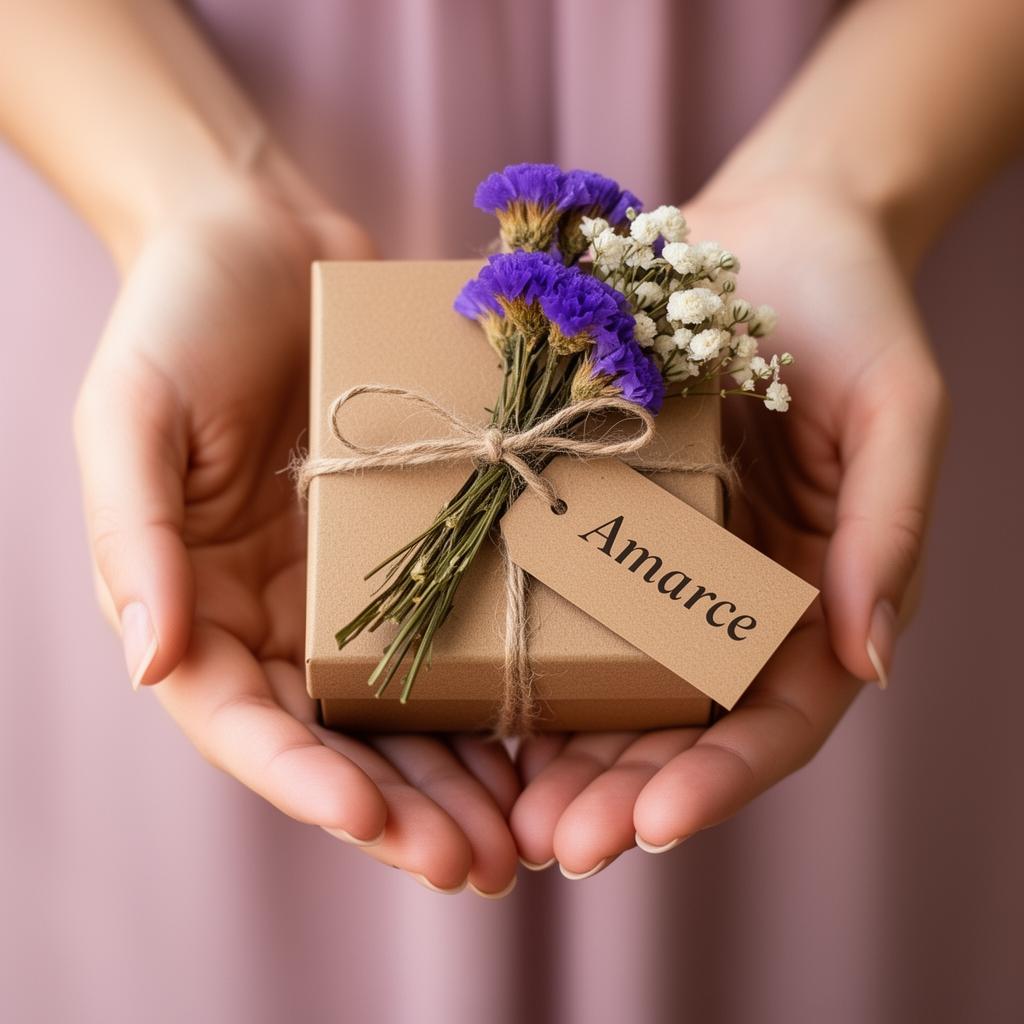 Manos abiertas entregando una cajita Amarce con flores y tarjeta